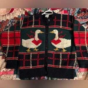 Vintage 80s thick wool duck cardigan. Lady’s a Champ. Blue, green & red. XL